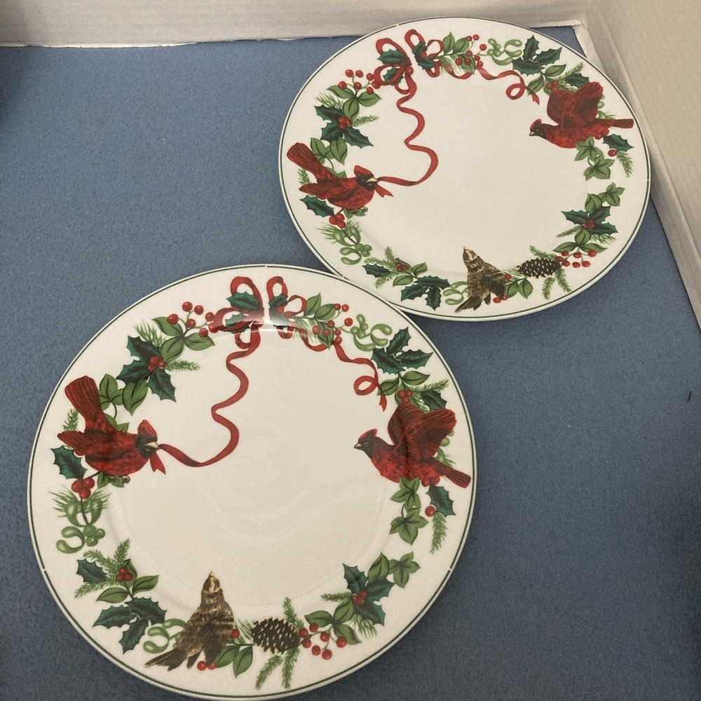 Royal Norfolk Multicolor Cardinal Christmas 10" Dinner Plate - Set of 2